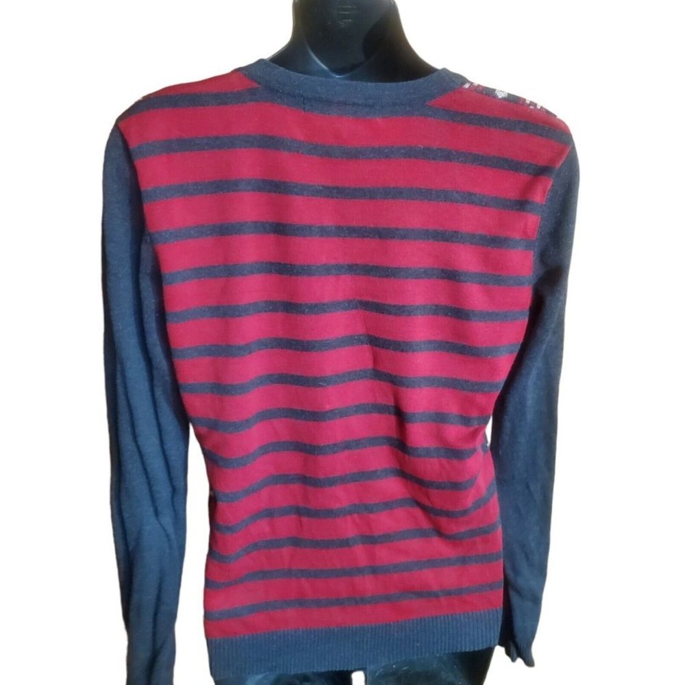 Forever 21 Black Red V Neck Button Down Long Sleeve Cardigan Sweater Holiday - Picture 3 of 5